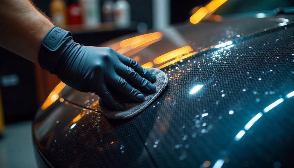 Close-up of a gloved hand gently cleaning a glossy carbon fiber car part with a microfiber towel in a luxury detailing bay, highlighting the weave pattern and precision craftsmanship.