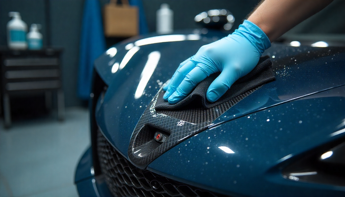 Close-up of a gloved hand gently cleaning a glossy carbon fiber car part with a microfiber towel in a luxury detailing bay, highlighting the weave pattern and precision craftsmanship.