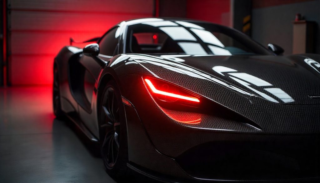 Close-up of premium carbon fiber car parts on a luxury sports car, highlighted with red lighting and ambient heat effects to represent fire resistance and durability.