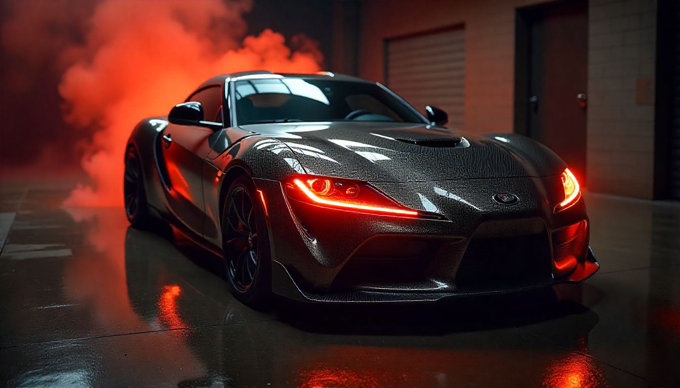 Close-up of premium carbon fiber car parts on a luxury sports car, highlighted with red lighting and ambient heat effects to represent fire resistance and durability.