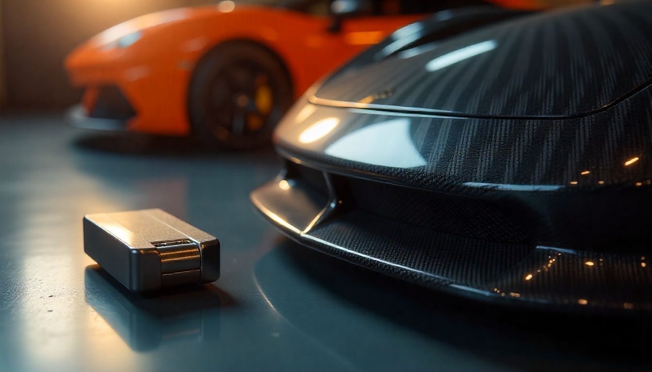 Luxury carbon fiber dashboard trim beside a metal magnet that does not stick, highlighting non-magnetic properties of handcrafted carbon fiber in a high-end automotive setting.
