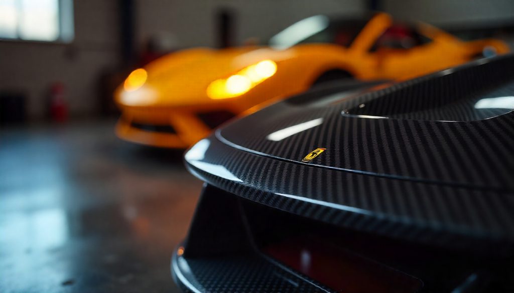 Luxury carbon fiber dashboard trim beside a metal magnet that does not stick, highlighting non-magnetic properties of handcrafted carbon fiber in a high-end automotive setting.