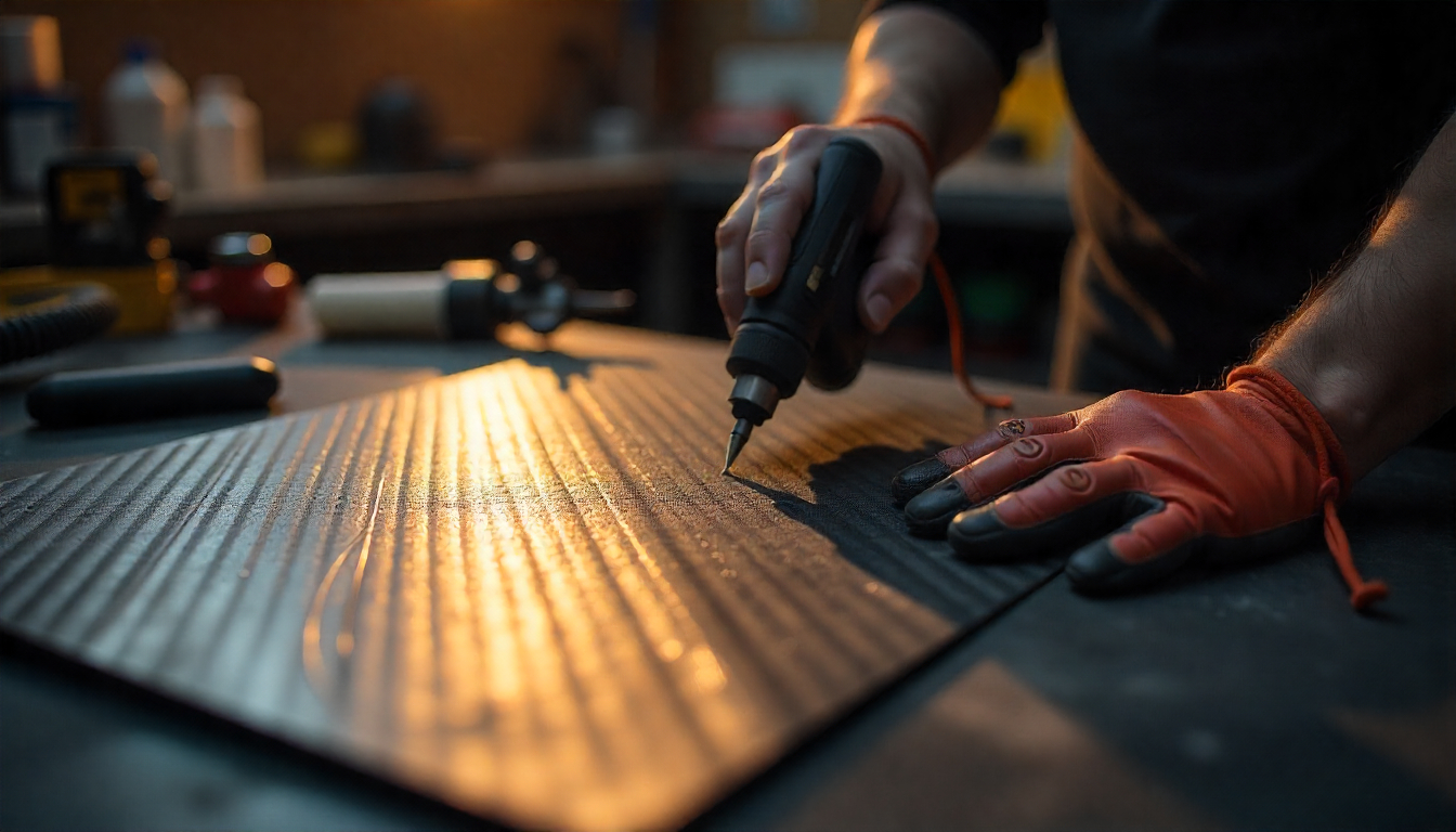 Close-up of a person cutting a carbon fiber sheet at home using a rotary tool on a clean, well-lit workbench. The workspace features safety gear like gloves, respirator, and clamps, with visible carbon fiber weave texture and fine dust being vacuumed. Emphasize premium, handcrafted automotive aesthetics with a modern, high-end garage backdrop.