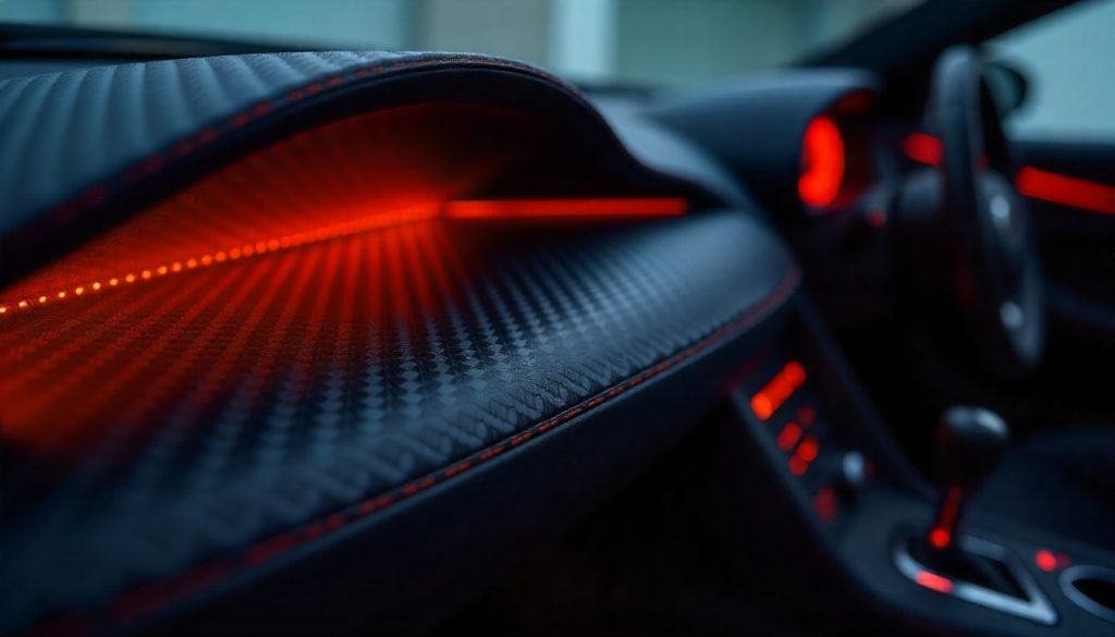 Close-up of a handcrafted carbon fiber car part with heat background, showcasing its high-temperature resistance and premium automotive design.