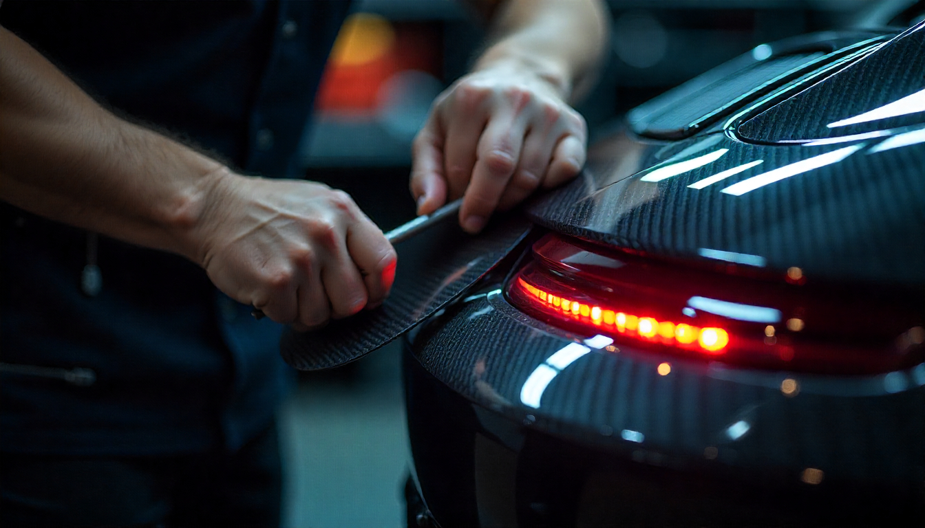 Technician repairing a carbon fiber car part with precision tools in a luxury automotive workshop showing carbon fiber weave and a high-end sports car in the background.