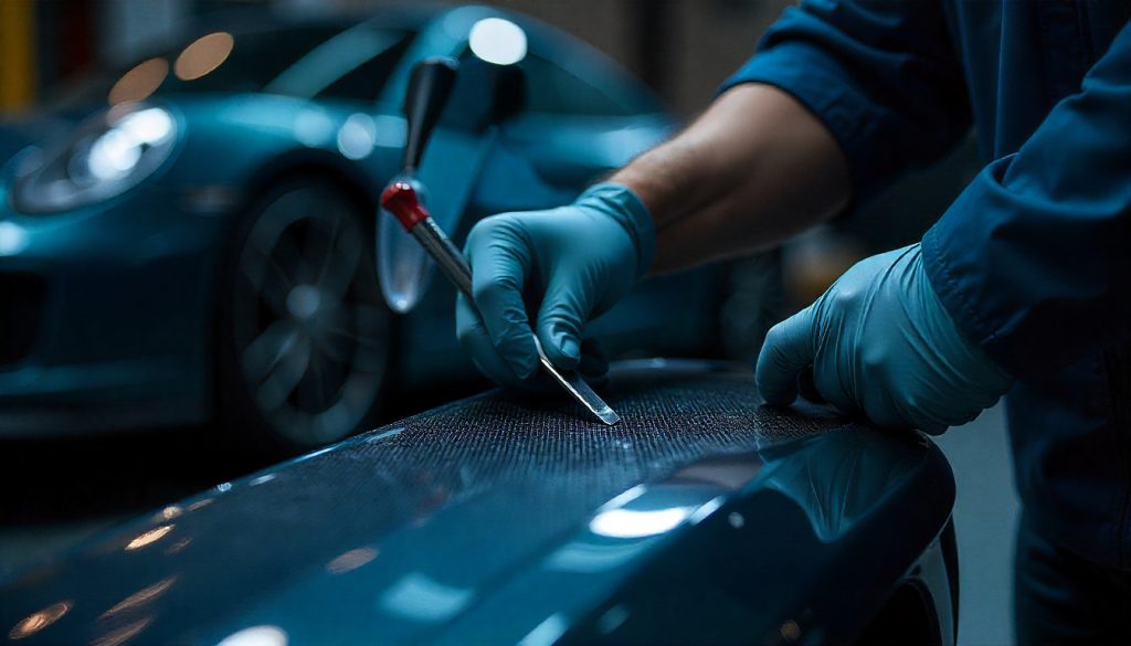 Technician repairing a carbon fiber car part with precision tools in a luxury automotive workshop showing carbon fiber weave and a high-end sports car in the background.