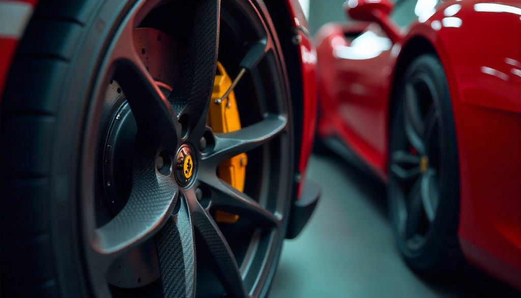 Technician repairing a luxury carbon fiber car wheel in a high-end workshop with visible carbon fiber texture and precision tools.