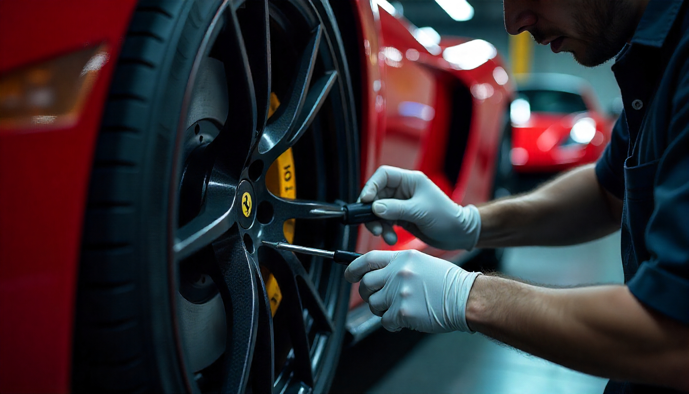 Technician repairing a luxury carbon fiber car wheel in a high-end workshop with visible carbon fiber texture and precision tools.
