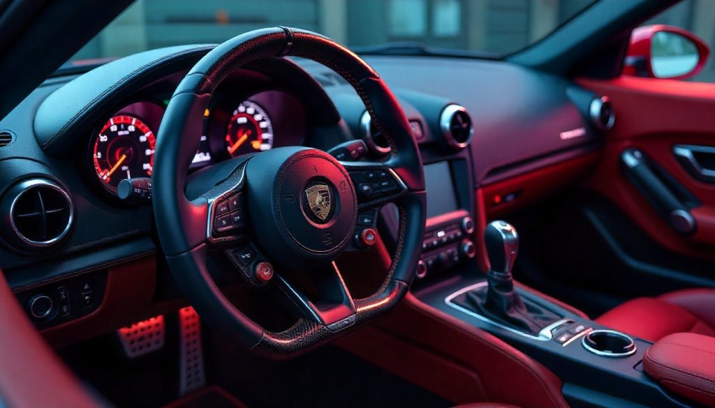 Close-up of a handcrafted carbon fiber steering wheel and dashboard in a luxury sports car, highlighting premium weave texture, performance design, and high-end automotive craftsmanship