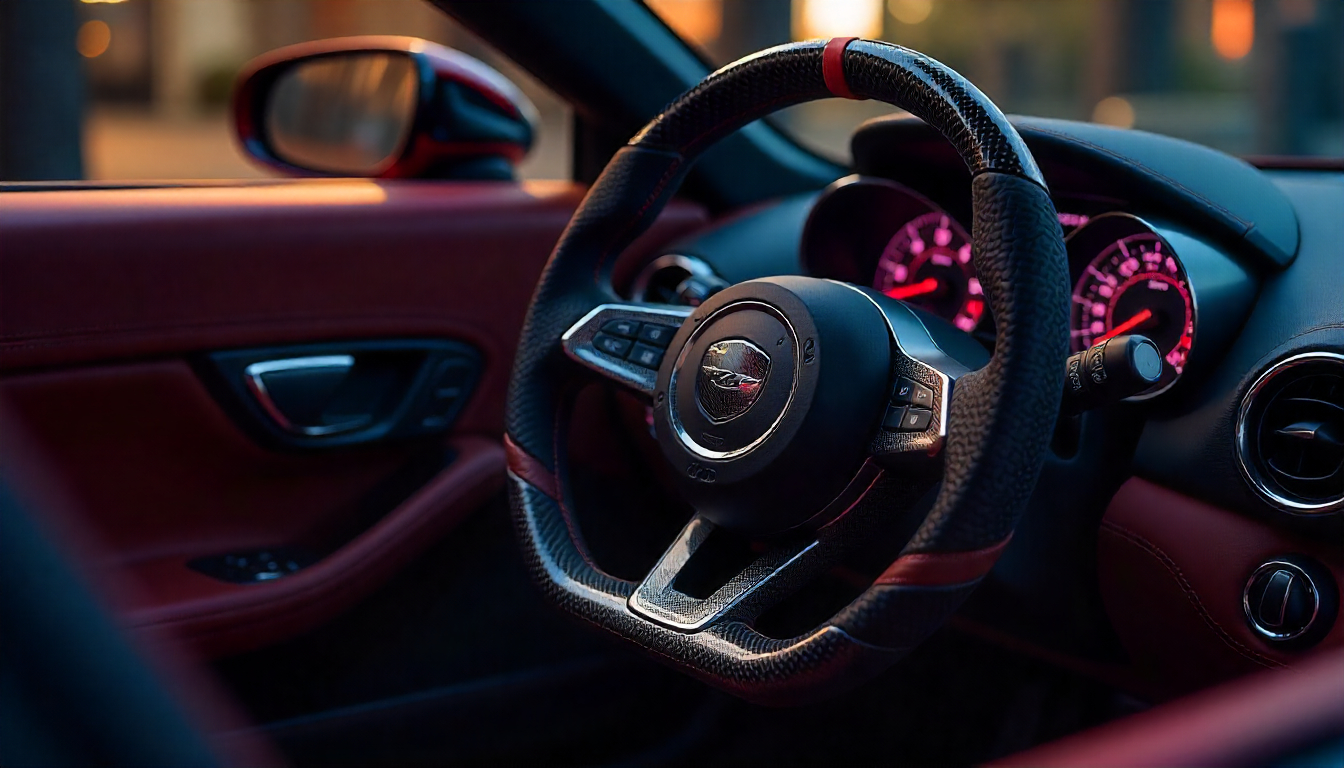 Close-up of a handcrafted carbon fiber steering wheel and dashboard in a luxury sports car, highlighting premium weave texture, performance design, and high-end automotive craftsmanship