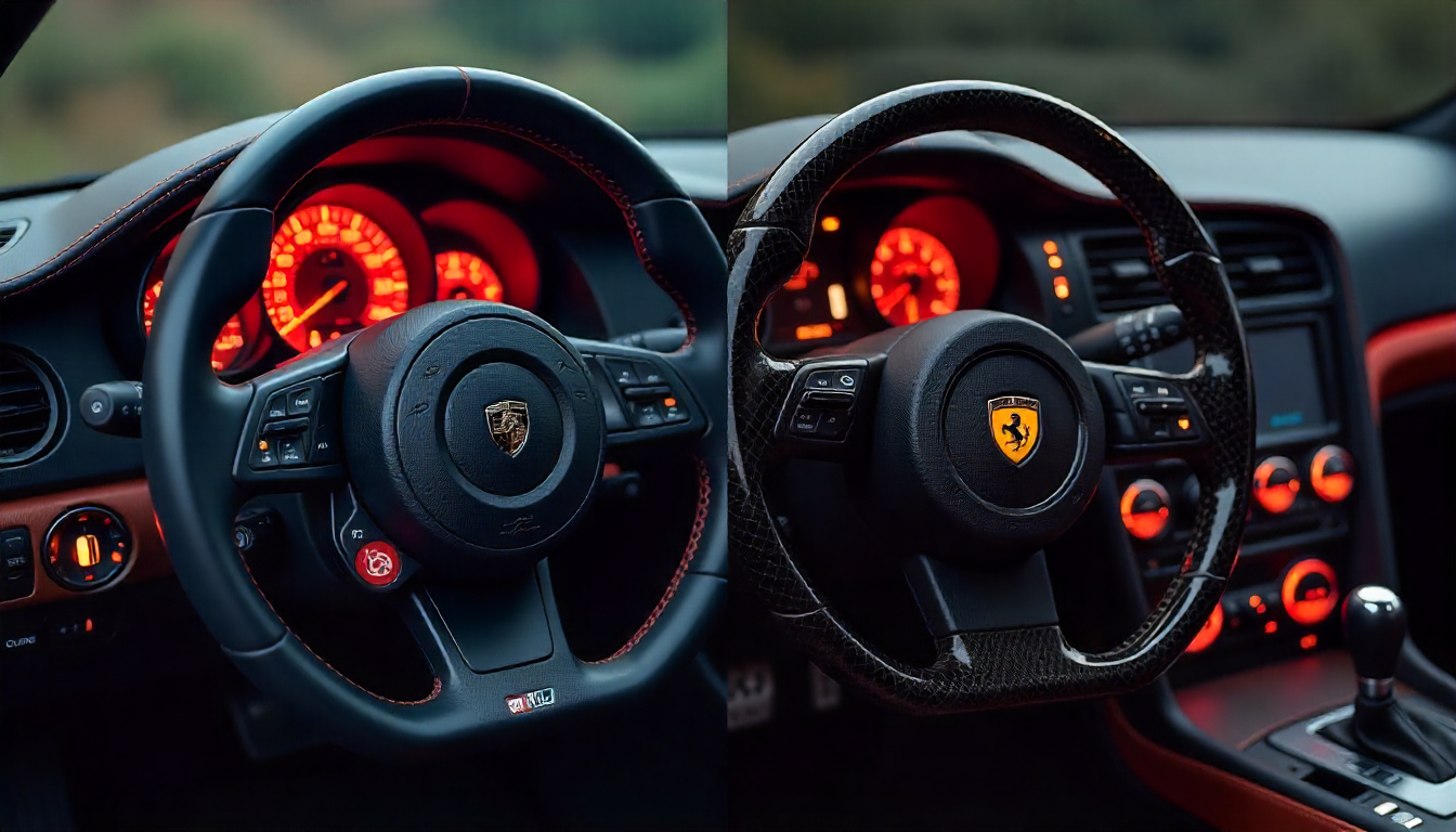 Side-by-side comparison of a scratched and a restored carbon fiber car steering wheel and dashboard, highlighting the transformation and gloss of premium handcrafted carbon fiber parts