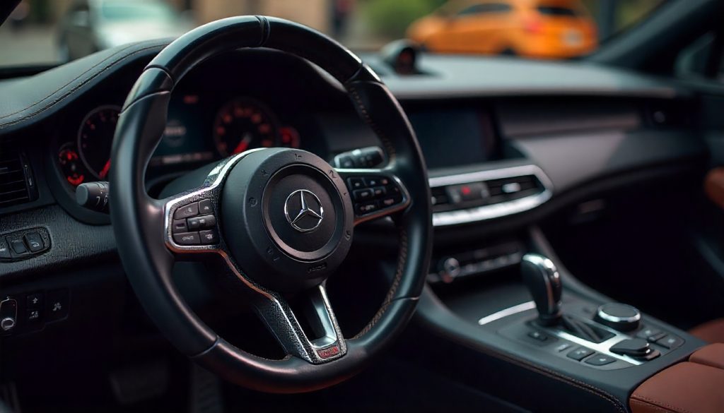 Side-by-side comparison of a scratched and a restored carbon fiber car steering wheel and dashboard, highlighting the transformation and gloss of premium handcrafted carbon fiber parts