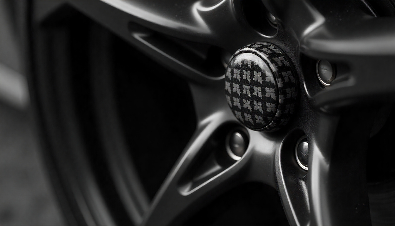 Close-up of carbon fiber tire valve caps on an exotic car wheel showcasing premium craftsmanship and performance detail.