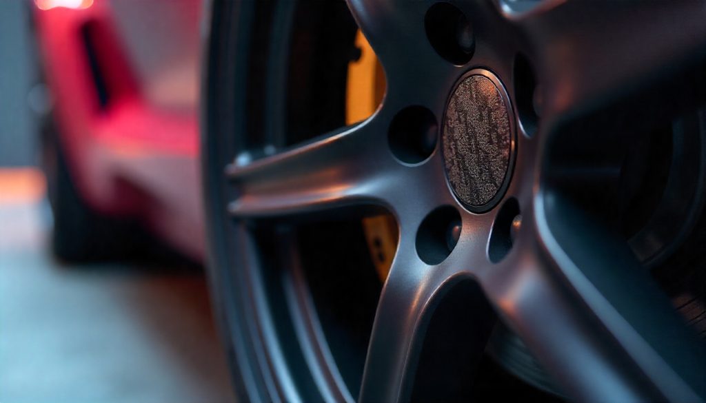 Close-up of carbon fiber tire valve caps on an exotic car wheel showcasing premium craftsmanship and performance detail.