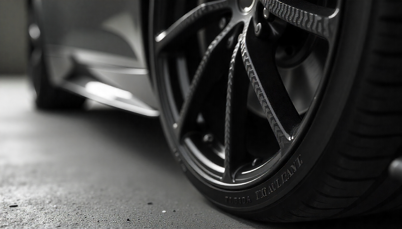 Close-up of a luxury sports car wheel featuring premium carbon fiber tire valve caps with a glossy woven finish, highlighting performance and style.