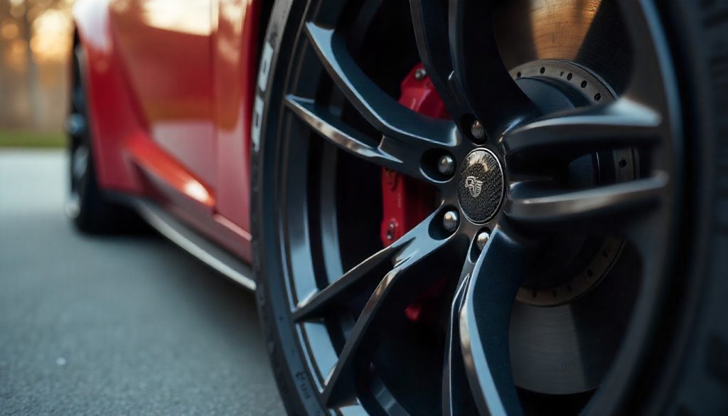 Close-up of a luxury sports car wheel featuring premium carbon fiber tire valve caps with a glossy woven finish, highlighting performance and style.