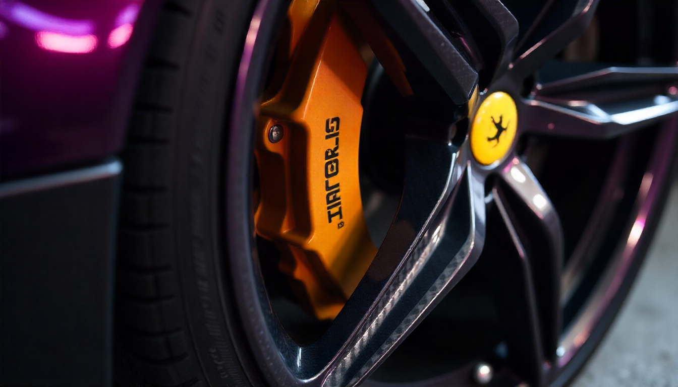 Close-up of a luxury sports car wheel featuring custom carbon fiber tire valve caps, highlighting premium craftsmanship and exotic automotive design.