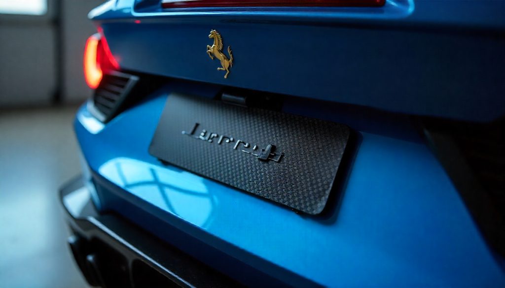 Luxury sports car with a handcrafted carbon fiber license plate frame highlighting the glossy weave pattern and premium design.