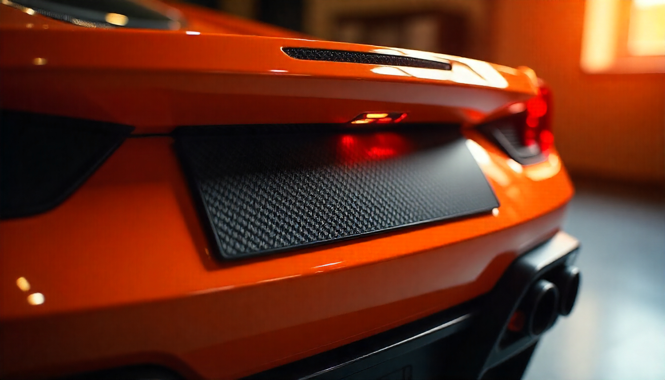 Luxury sports car with a handcrafted carbon fiber license plate frame highlighting the glossy weave pattern and premium design.