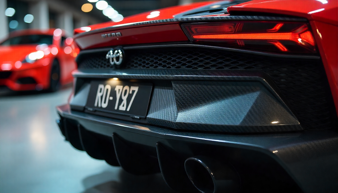 Luxury sports car with a slimline handcrafted carbon fiber license plate frame showcasing premium weave pattern and DMV-compliant design.
