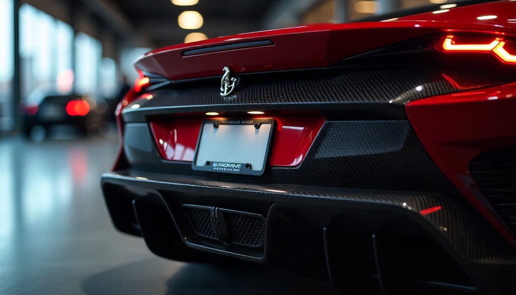 Luxury sports car with a slimline handcrafted carbon fiber license plate frame showcasing premium weave pattern and DMV-compliant design.