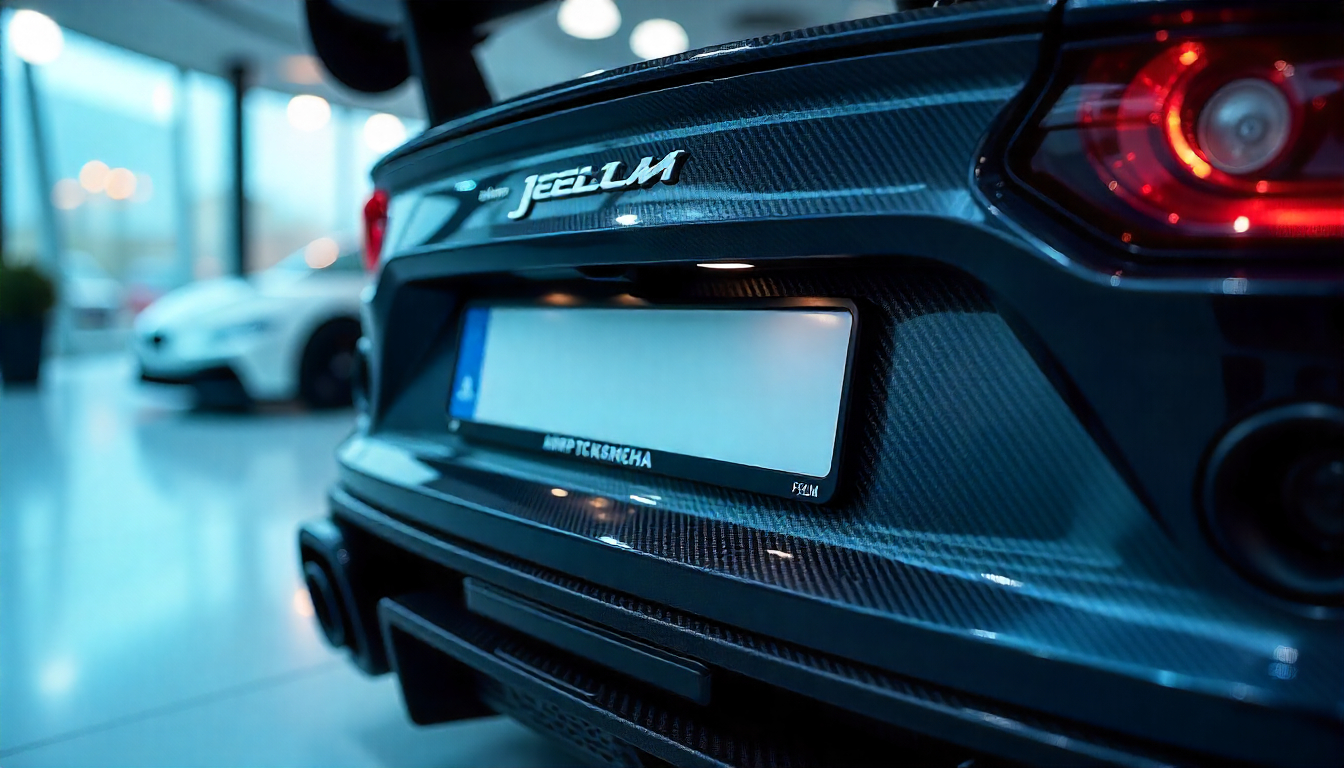 Luxury car with handcrafted carbon fiber license plate frame showcasing glossy weave pattern and premium automotive styling.