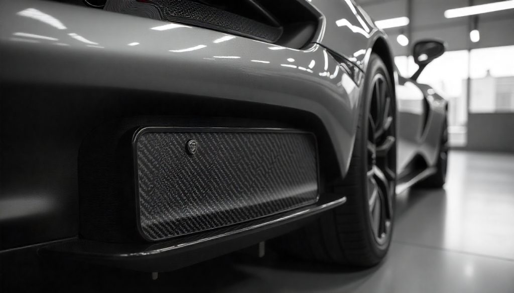Luxury car with handcrafted carbon fiber license plate frame showcasing glossy weave pattern and premium automotive styling.