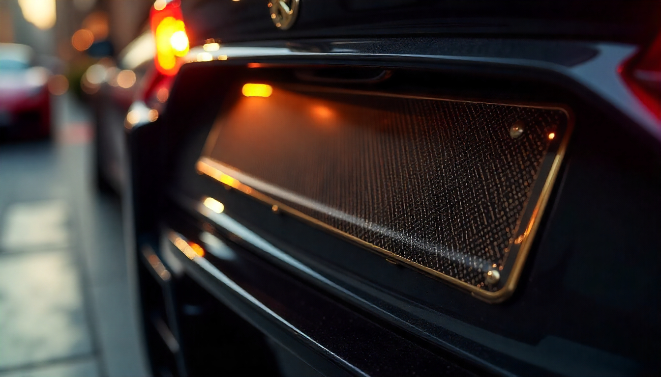 Close-up of a luxury exotic car featuring a real carbon fiber license plate frame with 3K twill weave, highlighting premium craftsmanship and UV-resistant finish.