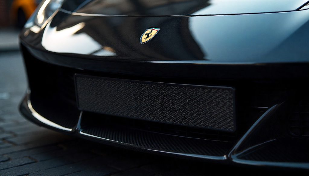 Close-up of a luxury exotic car featuring a real carbon fiber license plate frame with 3K twill weave, highlighting premium craftsmanship and UV-resistant finish.
