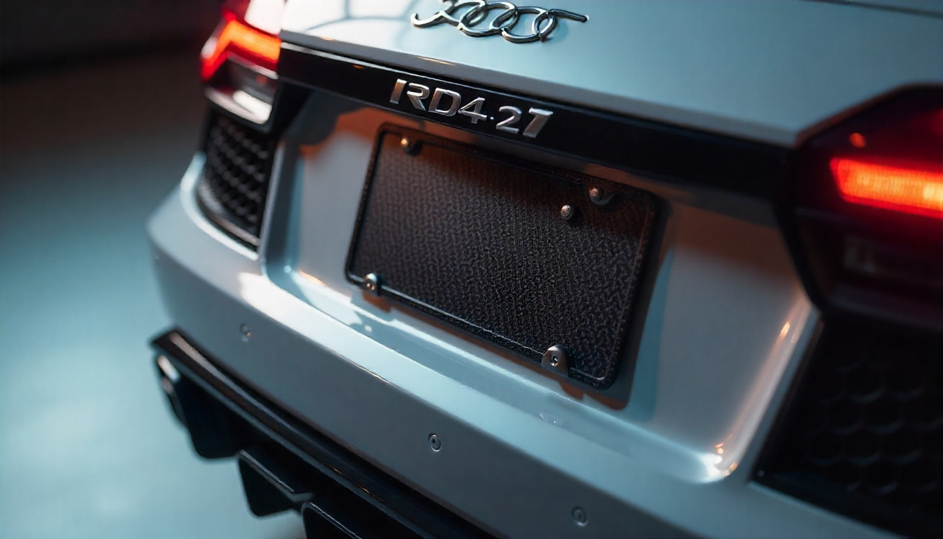 Luxury sports car with a handcrafted carbon fiber license plate frame being installed, showcasing premium weave pattern and sleek automotive design.