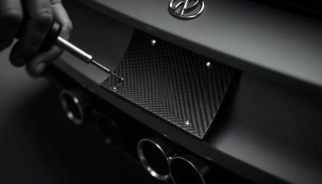 Luxury sports car with a handcrafted carbon fiber license plate frame being installed, showcasing premium weave pattern and sleek automotive design.