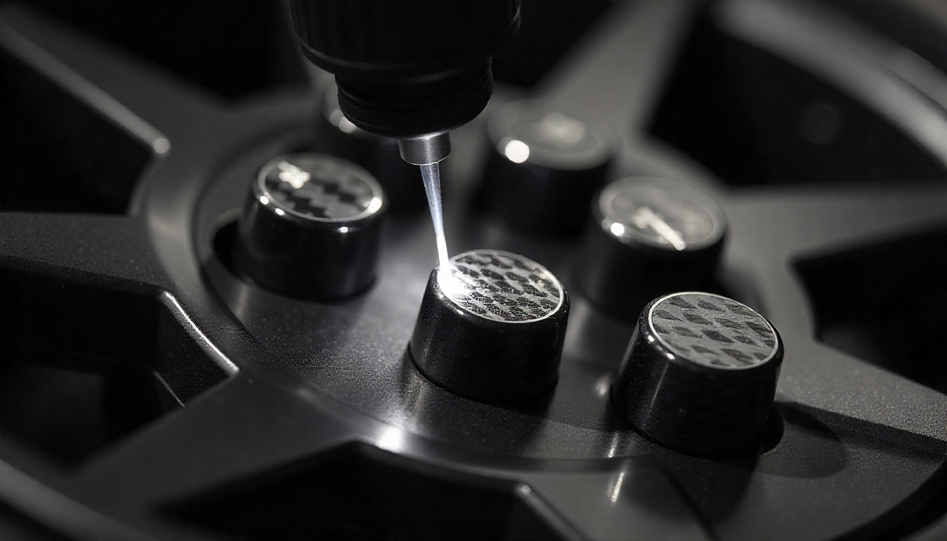 Close-up of carbon fiber tire valve caps being laser engraved on a luxury sports car wheel, highlighting the glossy weave texture and custom automotive detailing.
