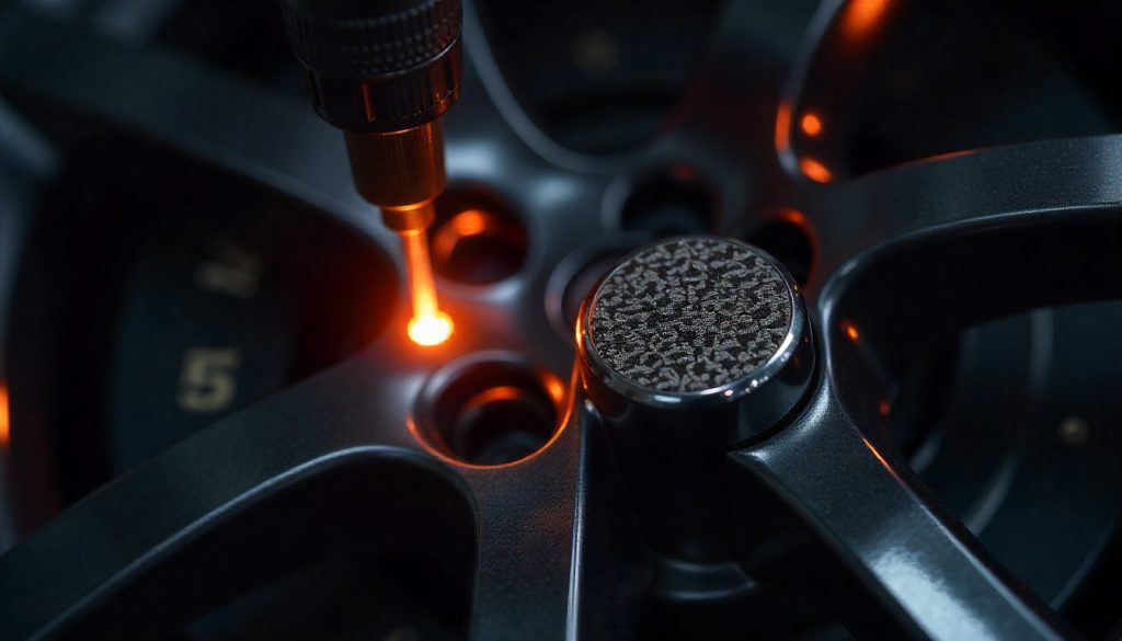 Close-up of carbon fiber tire valve caps being laser engraved on a luxury sports car wheel, highlighting the glossy weave texture and custom automotive detailing.