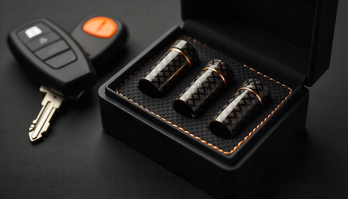 Premium carbon fiber tire valve caps in an elegant gift box with carbon fiber pattern, symbolizing luxury automotive accessories and handcrafted performance style.