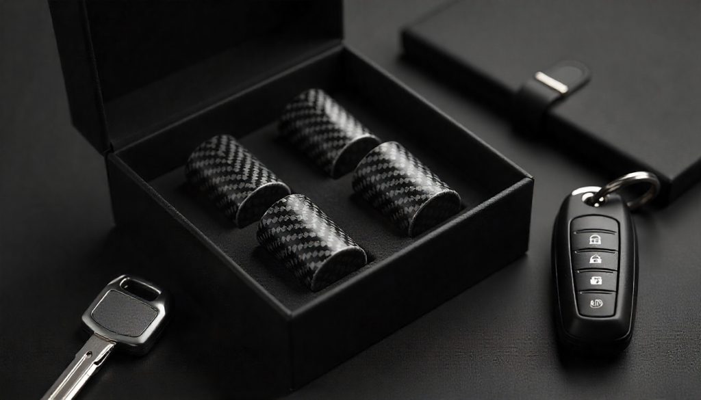 Premium carbon fiber tire valve caps in an elegant gift box with carbon fiber pattern, symbolizing luxury automotive accessories and handcrafted performance style.