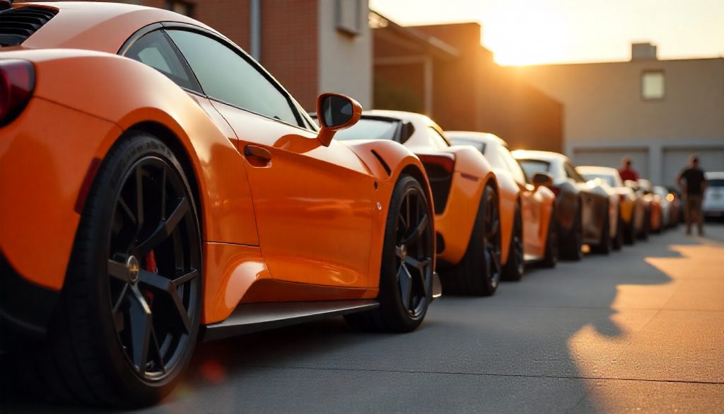 Luxury car club lineup featuring matching carbon fiber valve stem caps and accessories that enhance unity, exclusivity, and premium automotive style.
