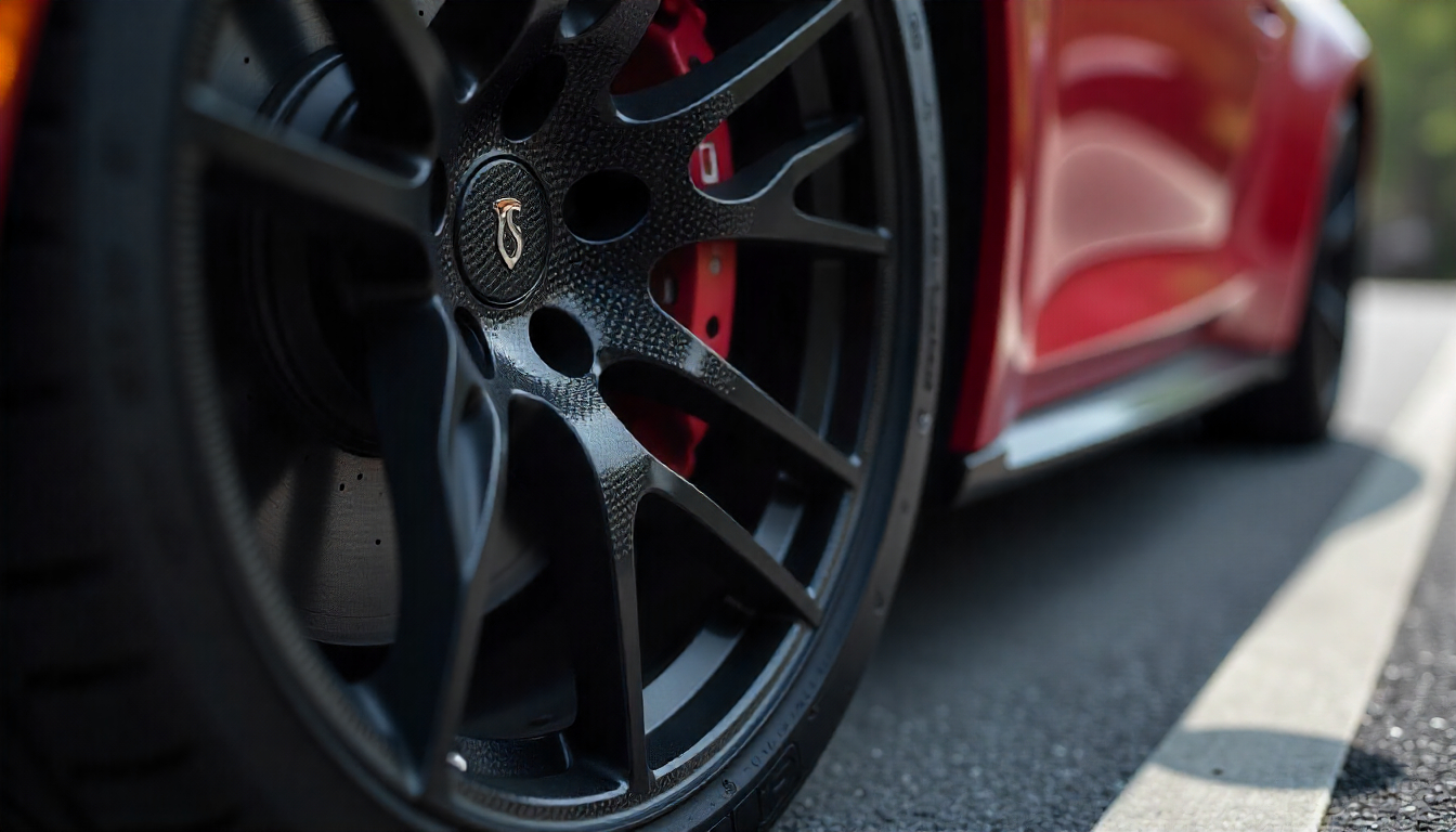 Close-up of carbon fiber tire valve caps on a luxury sports car wheel showcasing premium craftsmanship, performance, and exclusivity.
