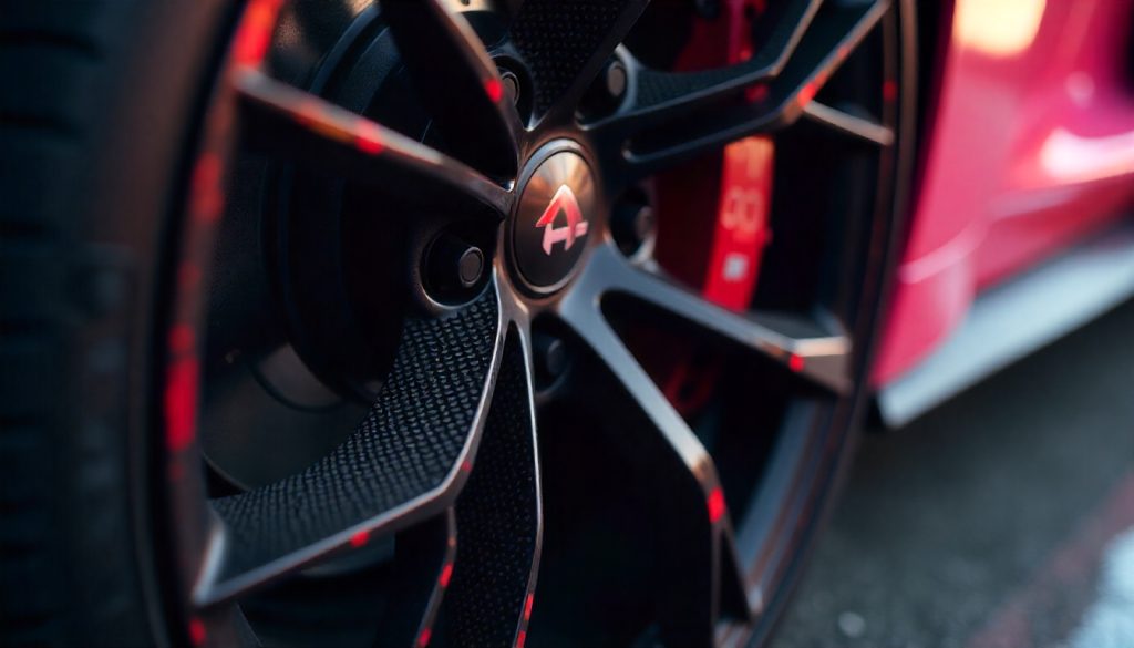 Close-up of carbon fiber tire valve caps on a luxury sports car wheel showcasing premium craftsmanship, performance, and exclusivity.