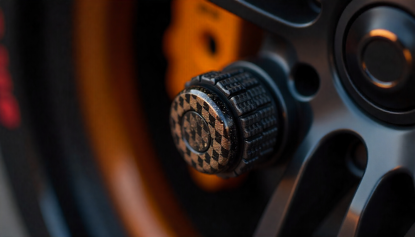 Close-up of UV-resistant carbon fiber tire valve caps with glossy finish on a luxury sports car wheel