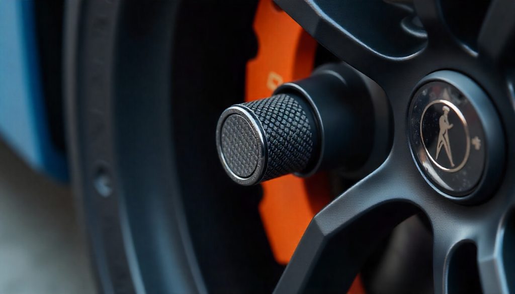 Close-up of UV-resistant carbon fiber tire valve caps with glossy finish on a luxury sports car wheel