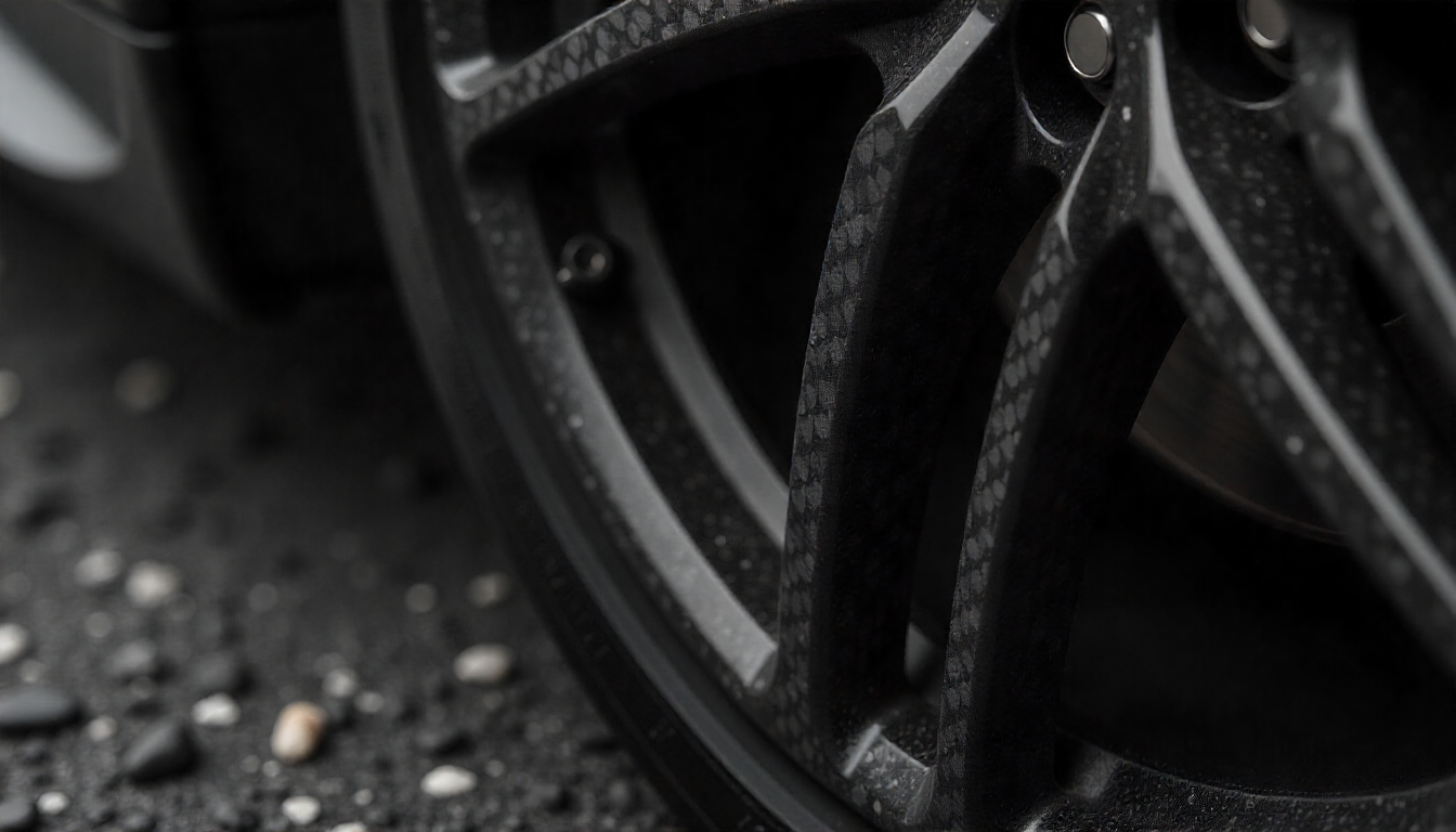 Carbon fiber tire valve caps on a luxury sports car wheel resisting road salt and grime with premium carbon weave finish