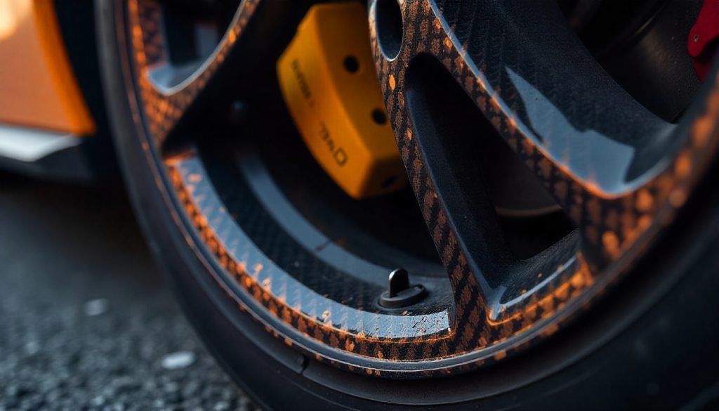 Carbon fiber tire valve caps on a luxury sports car wheel resisting road salt and grime with premium carbon weave finish