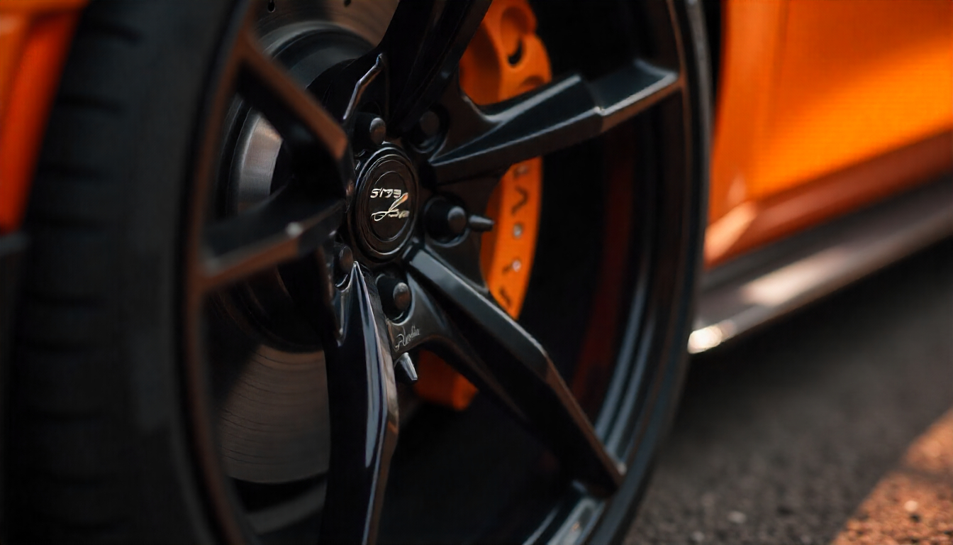 Close-up of a luxury car wheel featuring premium carbon fiber tire valve caps with a glossy weave finish, highlighting performance style and refined automotive detail.