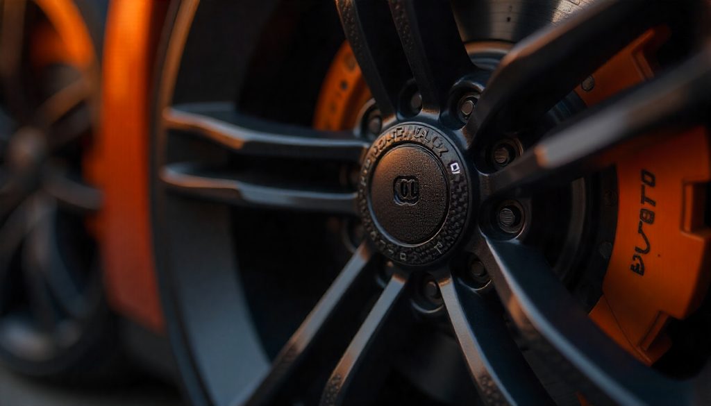 Close-up of a luxury car wheel featuring premium carbon fiber tire valve caps with a glossy weave finish, highlighting performance style and refined automotive detail.