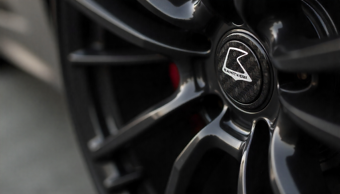 Close-up of glossy carbon fiber tire valve caps on a luxury sports car wheel, showcasing premium handcrafted carbon fiber detail and polished finish.