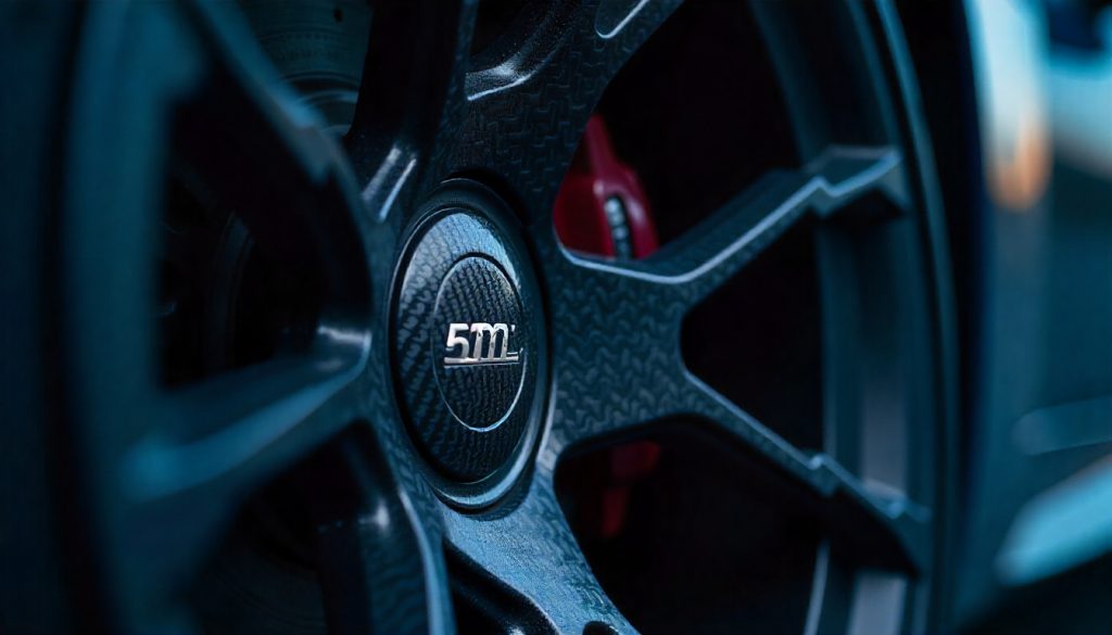 Close-up of glossy carbon fiber tire valve caps on a luxury sports car wheel, showcasing premium handcrafted carbon fiber detail and polished finish.