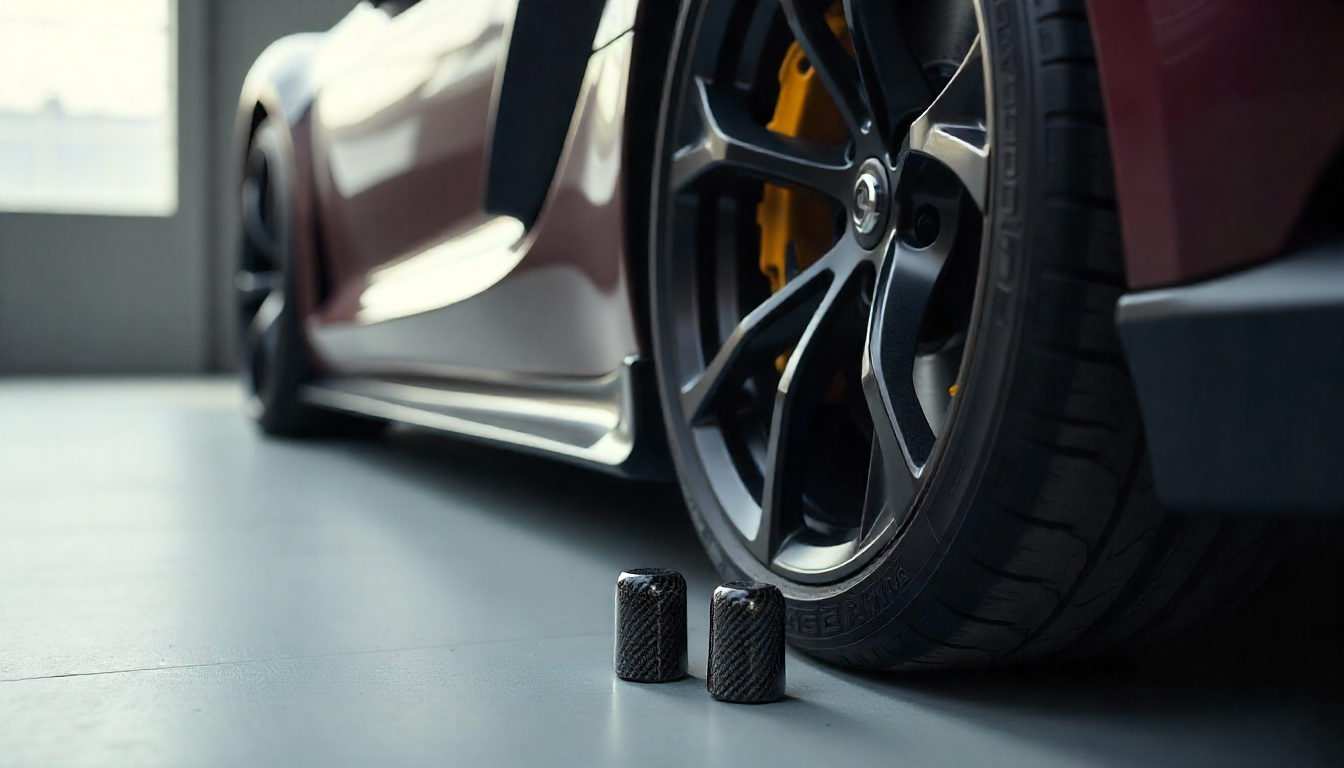 Close-up of carbon fiber tire valve caps on a luxury performance car wheel, showcasing premium carbon fiber automotive parts and attention to detail in performance builds.