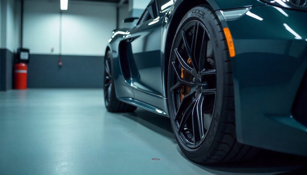 Close-up of carbon fiber tire valve caps on a luxury performance car wheel, showcasing premium carbon fiber automotive parts and attention to detail in performance builds.