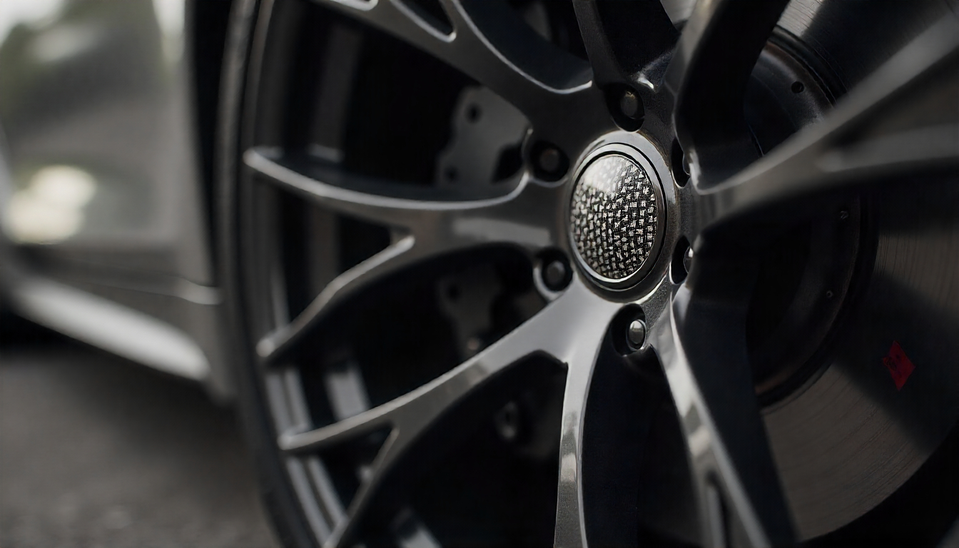 Carbon fiber tire valve caps on an exotic sports car wheel showcasing premium handcrafted design and luxury automotive detailing.