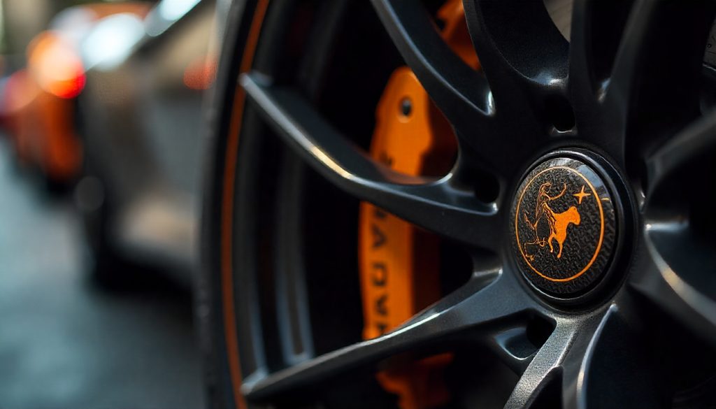 Carbon fiber tire valve caps on an exotic sports car wheel showcasing premium handcrafted design and luxury automotive detailing.